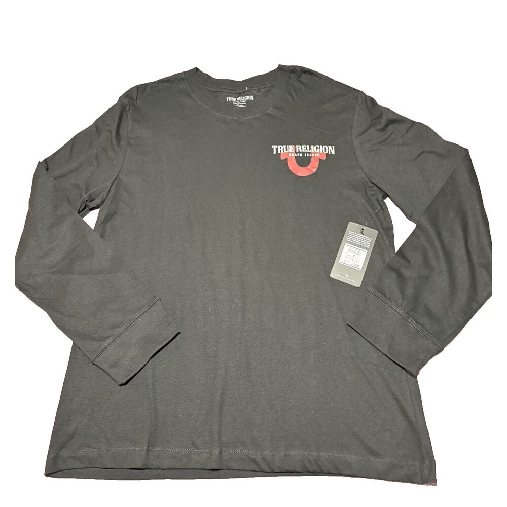 NEW True Religion Mens Tee Large Black Graphic Logo Long Sleeve Pullover Sz M